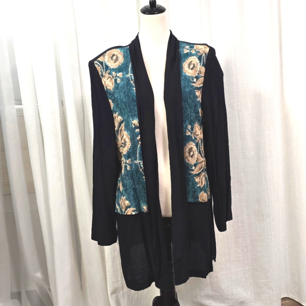Vintage 80s Floral Open Front 100% Rayon Black &‎ Green Cardigan Size M USA Made